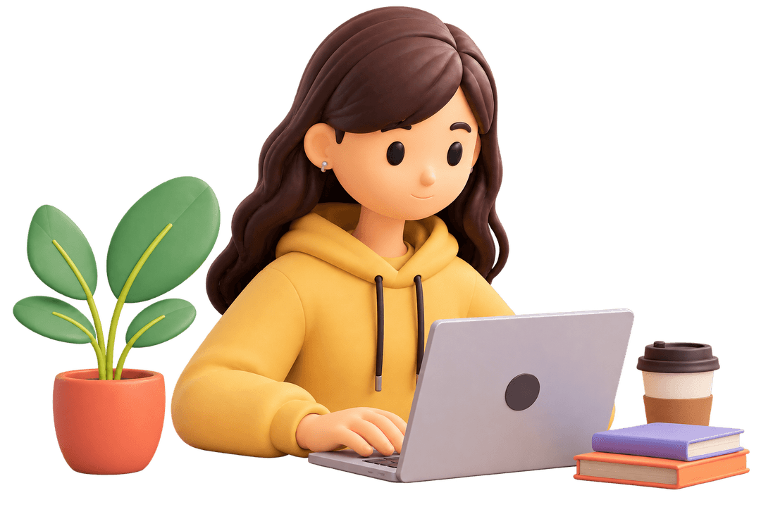 Developer working on laptop with plants and coffee